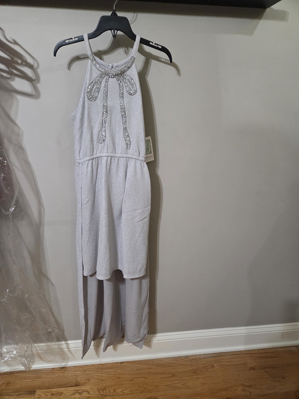 Bonnie Jean Silver High-Low Sparkle Bow Dress High Low